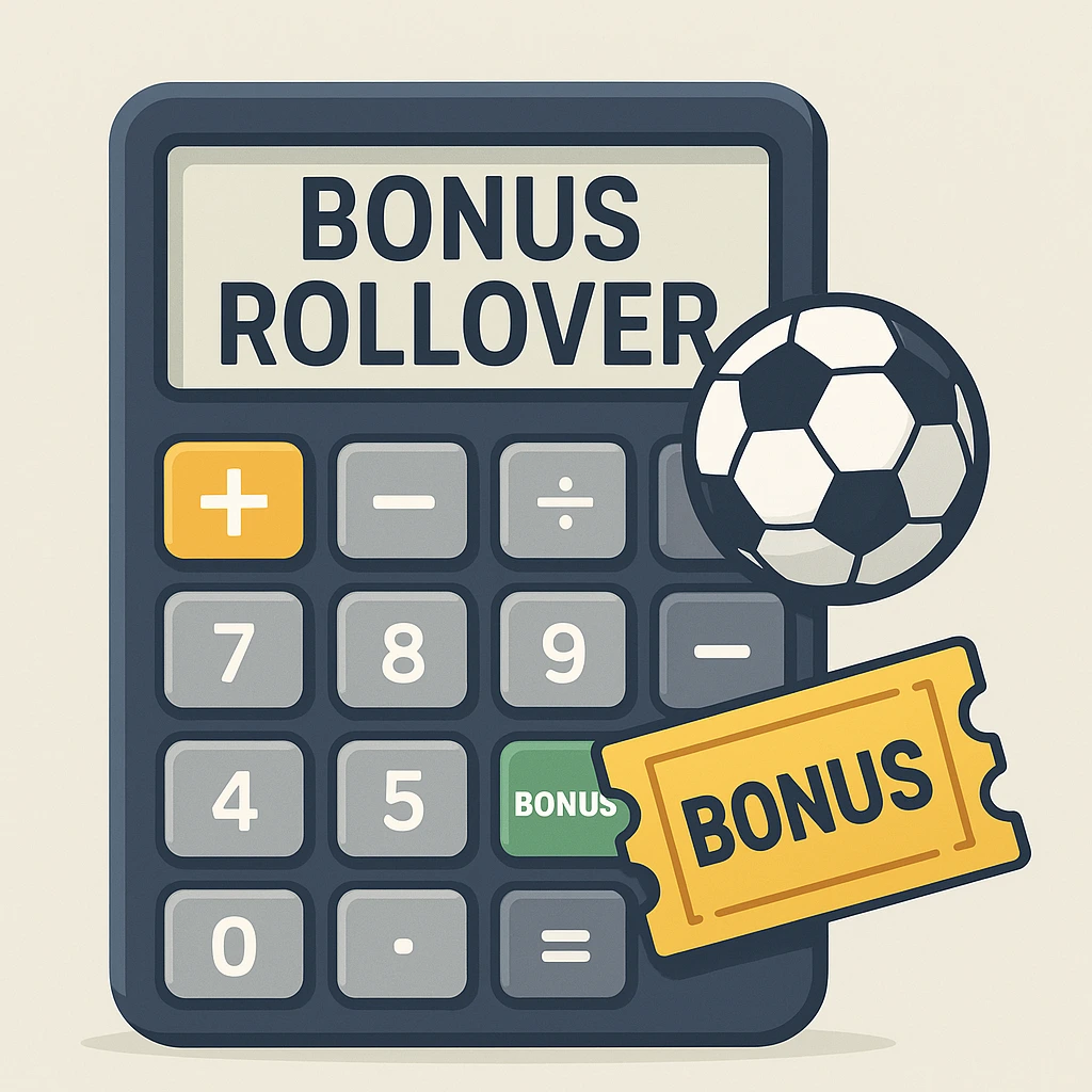 Illustration of a sports betting bonus rollover calculator with math symbols, a soccer ball and a bonus ticket