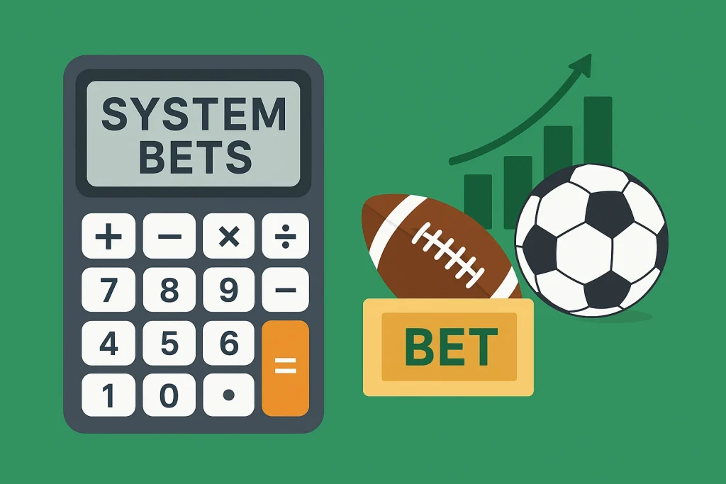 System betting calculator with sports icons and analytical chart