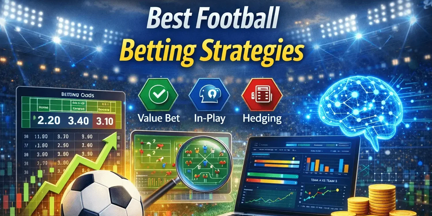 Illustration of best football betting strategies with match odds table, soccer analytics charts, value betting, in-play betting, and hedging concepts.