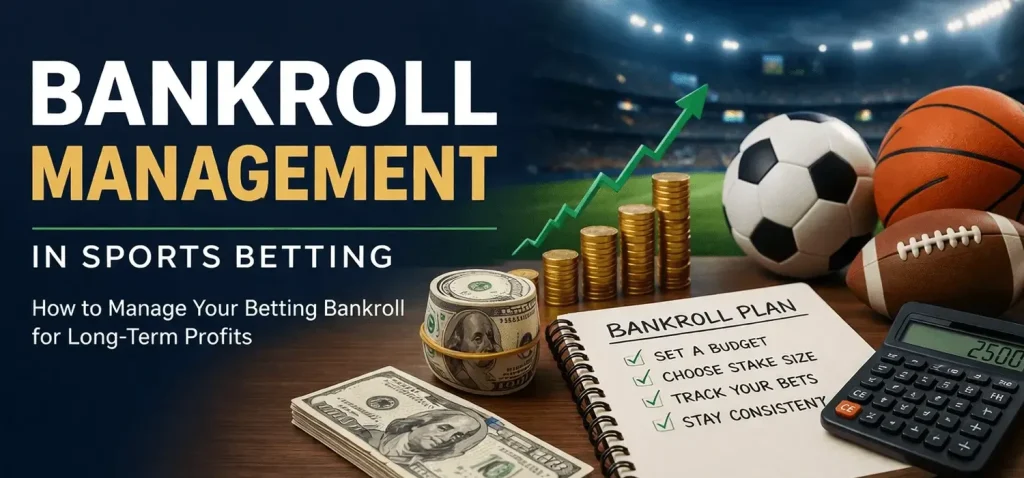 Sports betting bankroll management strategy with cash, betting plan, and growth chart for long-term profits