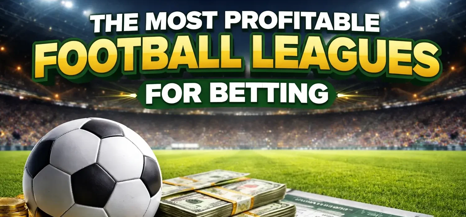 Profitable football leagues for betting banner with football, money, and betting slip.