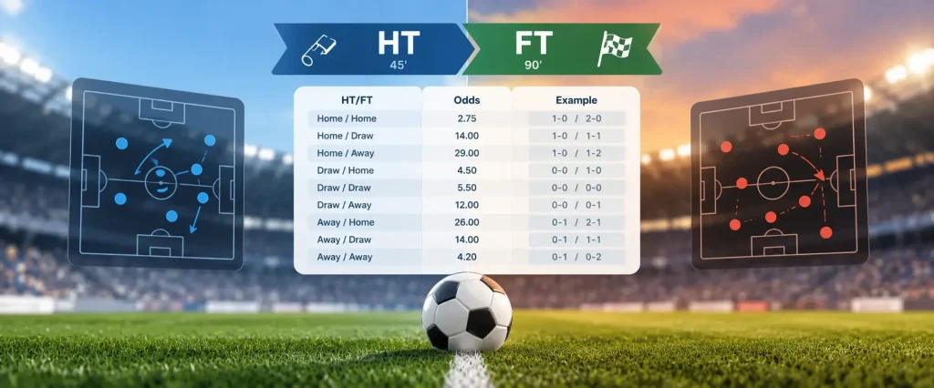 Half Time Full Time (HT/FT) football betting with odds and example match results