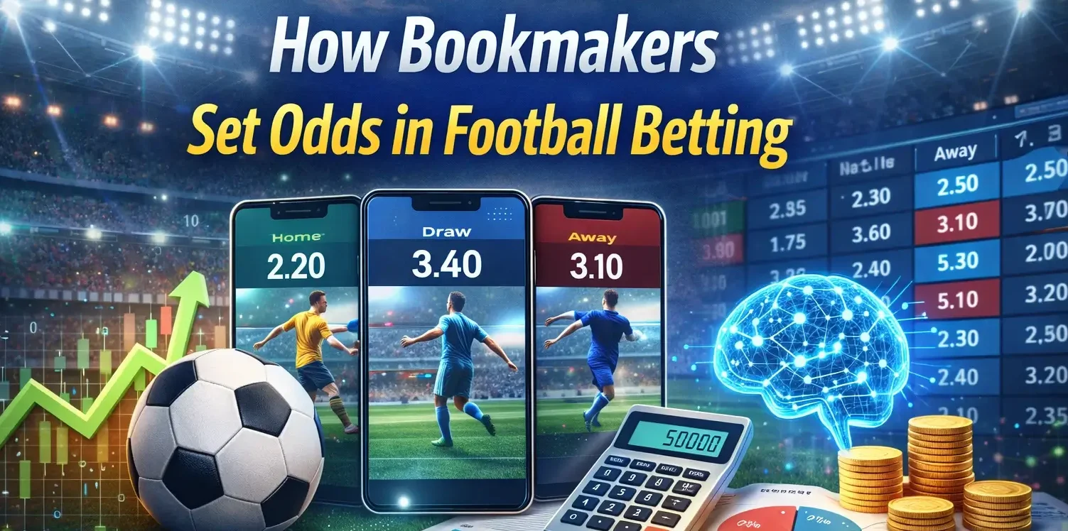 Ilustración moderna de cómo las casas de apuestas fijan las cuotas del fútbol, con un balón, teléfonos con cuotas, gráficos, calculadora, monedas y un cerebro de IA en un estadio.