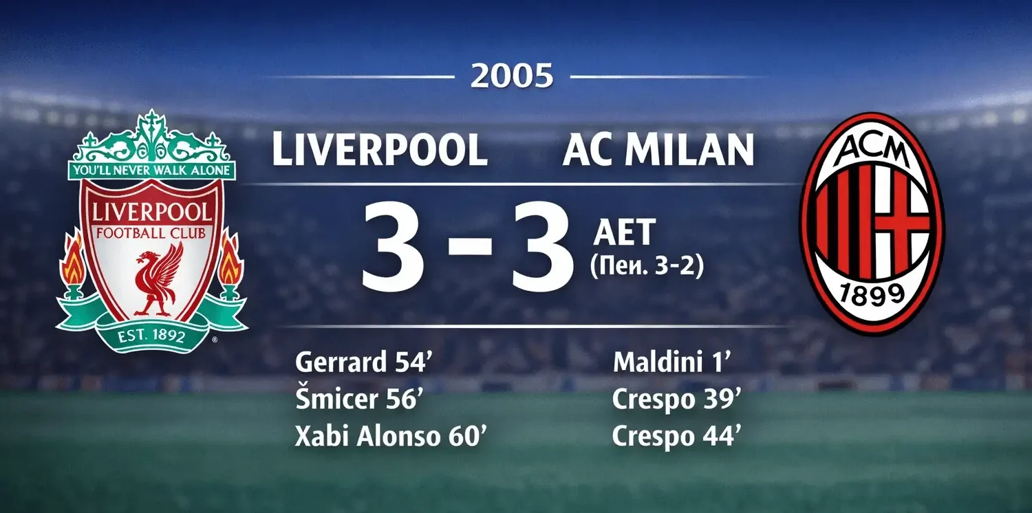 Marcador de la final de la Liga de Campeones de la UEFA 2005: Liverpool 3-3 AC Milan (3-2 en los penaltis), con los escudos de los equipos y los goleadores del Milagro de Estambul.