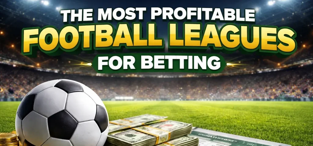 Banner sobre las ligas de fútbol más rentables para apostar, con un balón, dinero y un boleto de apuestas.