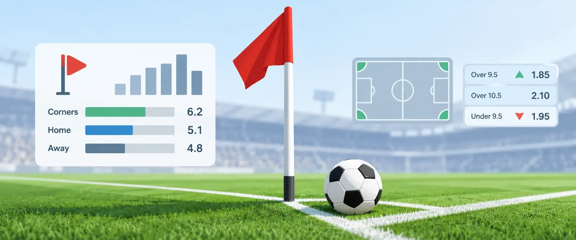 Balón de fútbol junto al banderín de córner con estadísticas y cuotas de apuestas