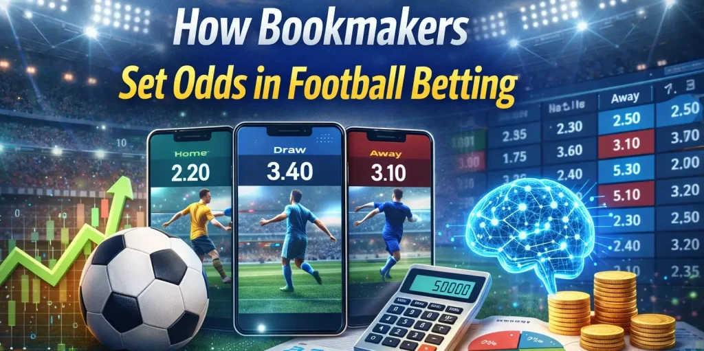 Σύγχρονη απεικόνιση του πώς οι bookmakers καθορίζουν τις αποδόσεις για στοιχήματα ποδοσφαίρου, που δείχνει ένα ποδόσφαιρο, smartphones με αποδόσεις, γραφήματα, αριθμομηχανή, κέρματα και τεχνητή νοημοσύνη σε ένα στάδιο.