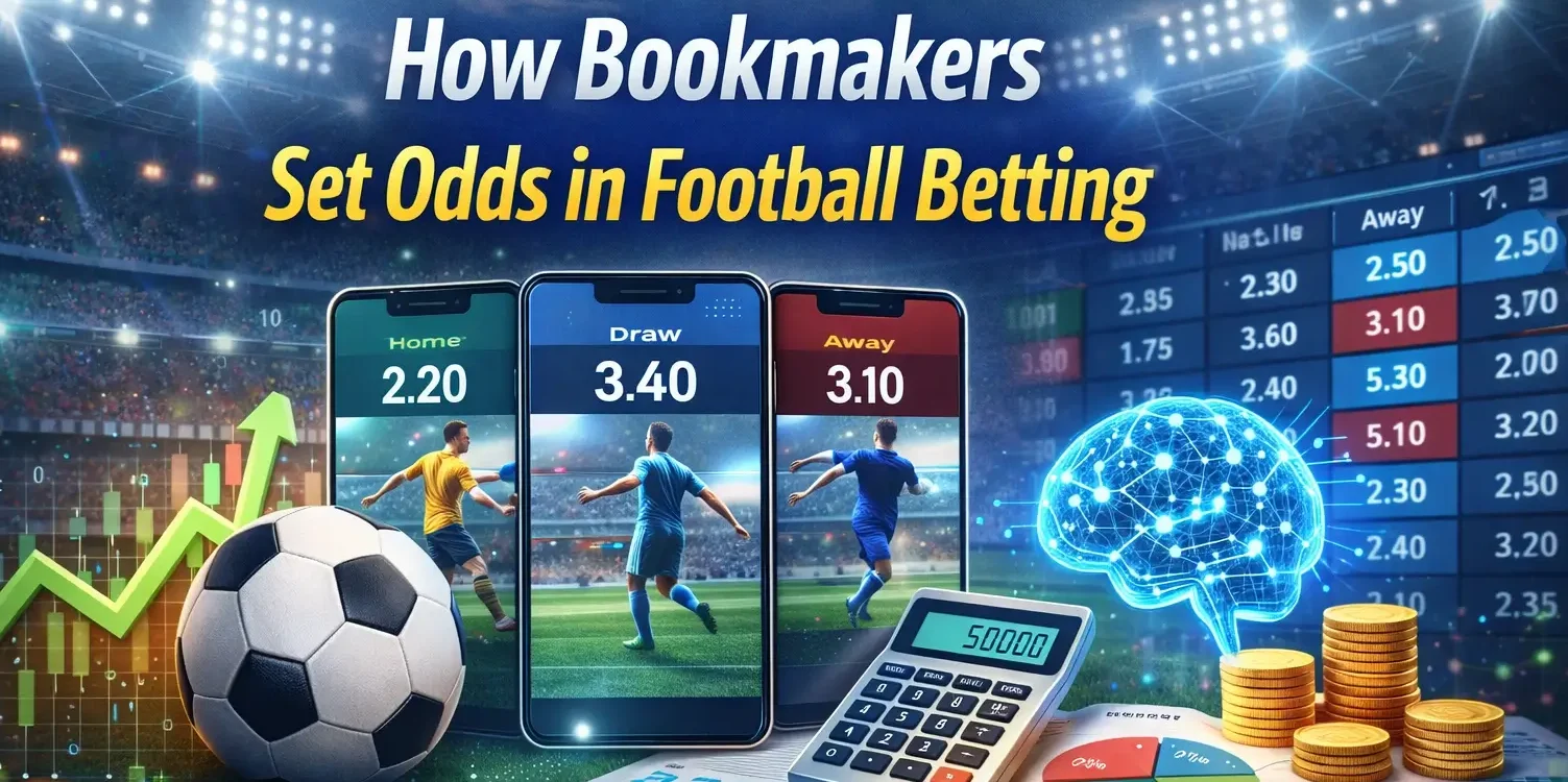 Σύγχρονη απεικόνιση του πώς οι bookmakers καθορίζουν τις αποδόσεις για στοιχήματα ποδοσφαίρου, που δείχνει ένα ποδόσφαιρο, smartphones με αποδόσεις, γραφήματα, αριθμομηχανή, κέρματα και τεχνητή νοημοσύνη σε ένα στάδιο.