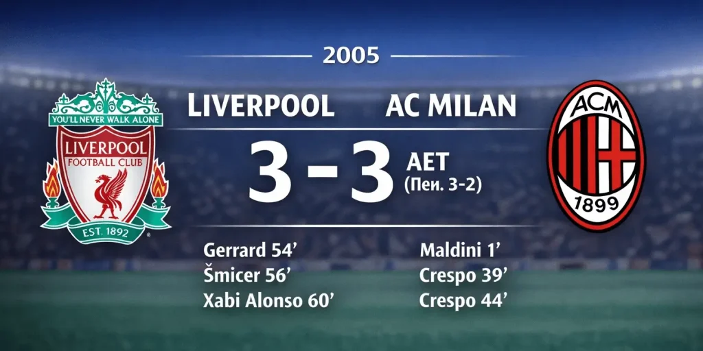 Λίβερπουλ – Μίλαν 3-3 (3-2 πεν.) τελικός Champions League 2005 με τα λογότυπα των ομάδων και τους σκόρερ του αγώνα.